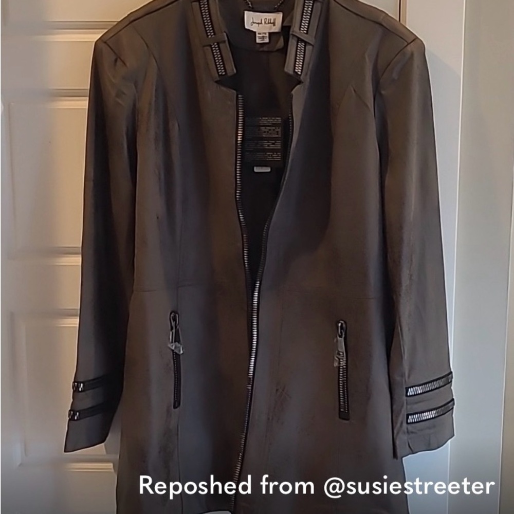 Joseph Ribkoff Black Long Zip-Front Leather Jacket with Zip-Pocket Detail